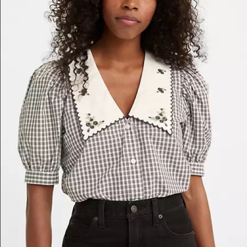 Levis Royce statement collar puff sleeve button up blouse black gingham check